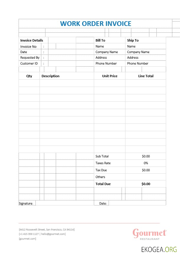 Modèle de facture de bon de travail de restaurant